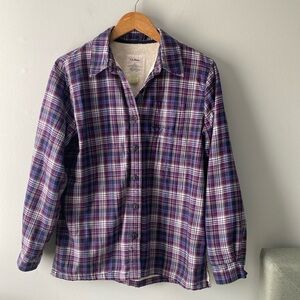 LL Bean Purple Plaid Fleece Lined Flannel Shirt Size S